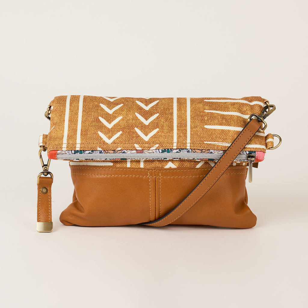 Tan Mudcloth print Fold over Bag