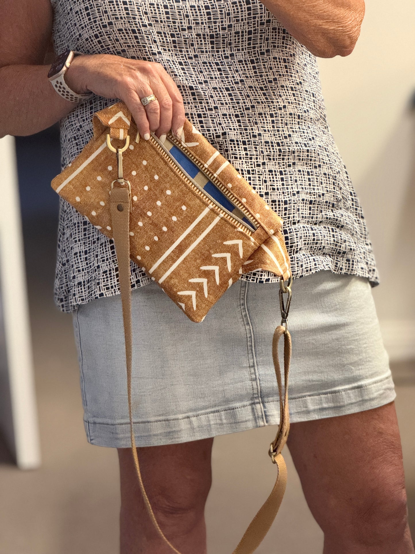 Tan Mudcloth Travel Sling