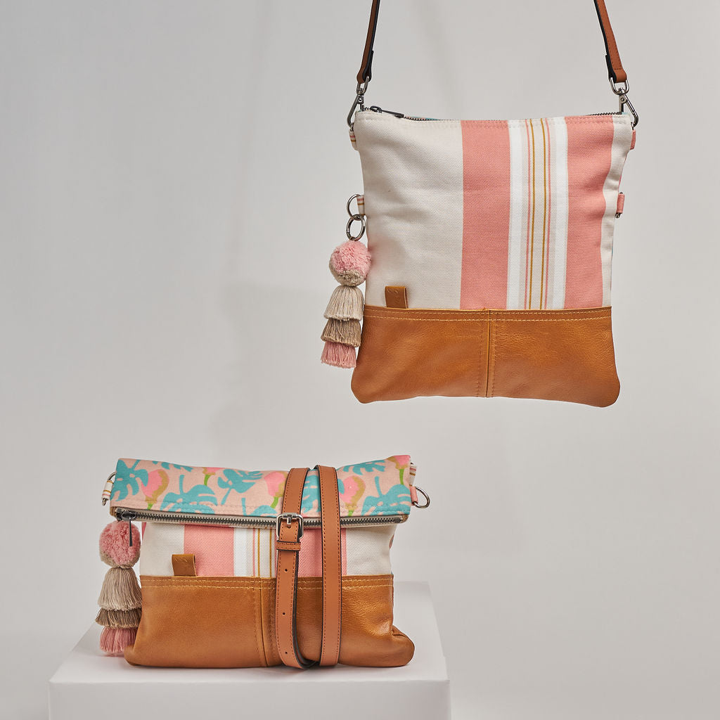 Monstera/Stripe Foldover Bag