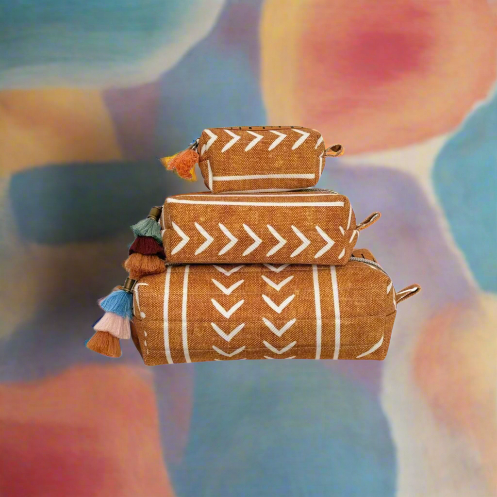 tan muscloth print on box pouches