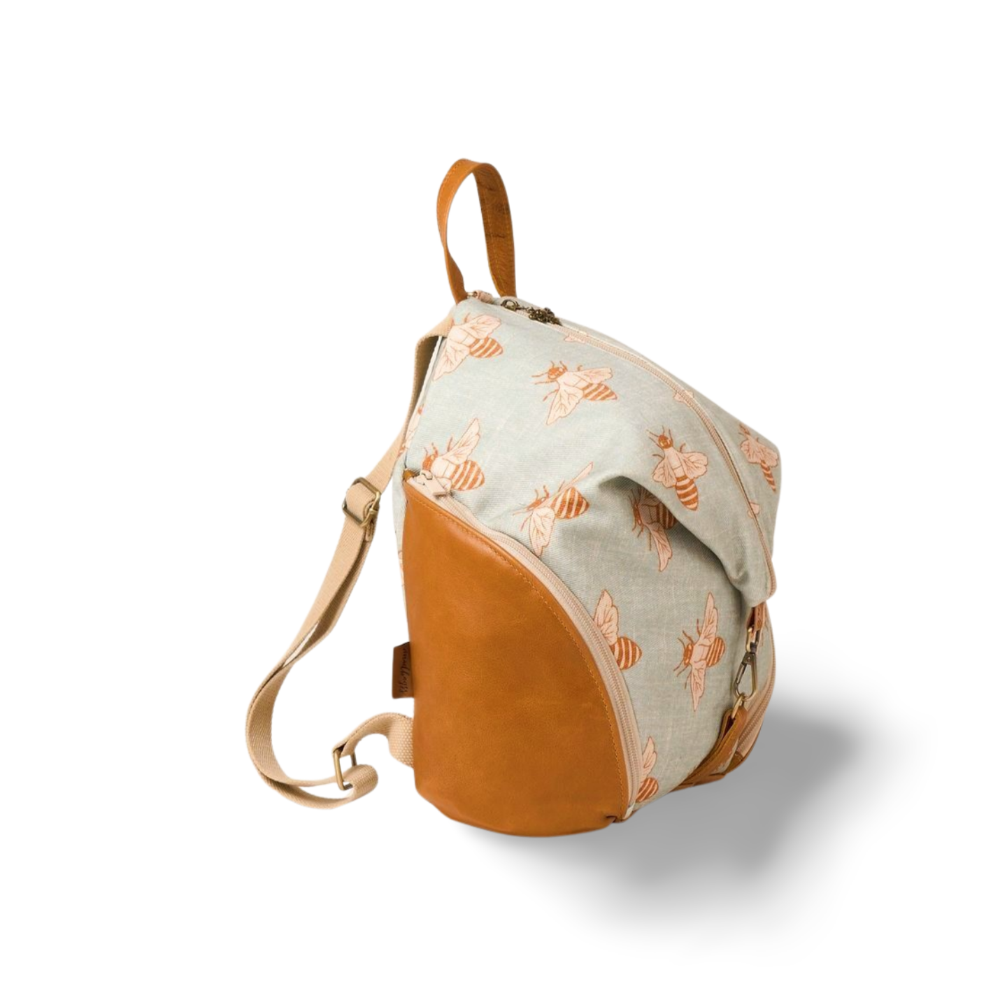 backpack side in bee printed canvas with leather trim