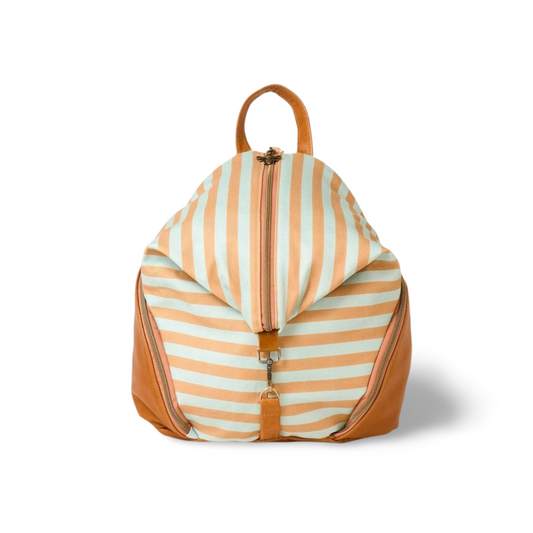 front view of blue and tan striped backpack in canvas and leather