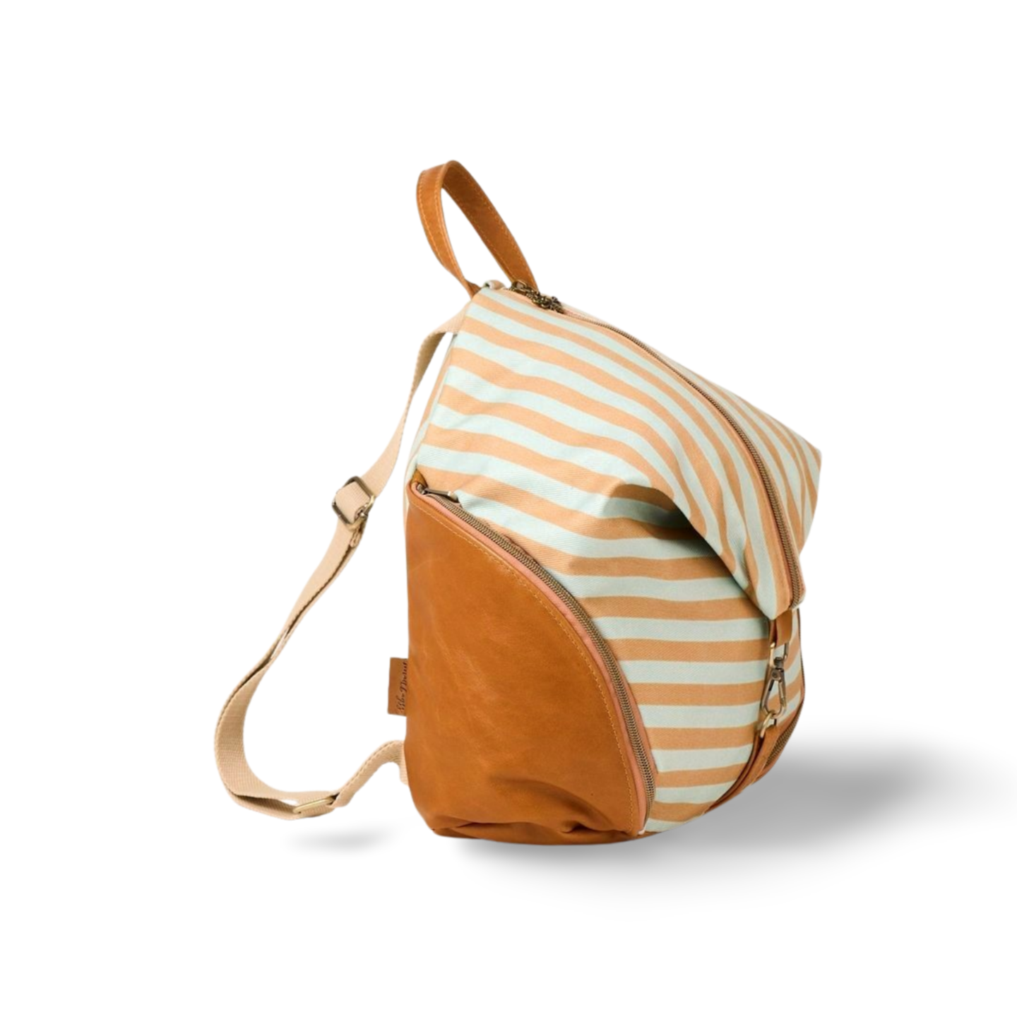 side view of blue and tan striped backpack in canvas and leather