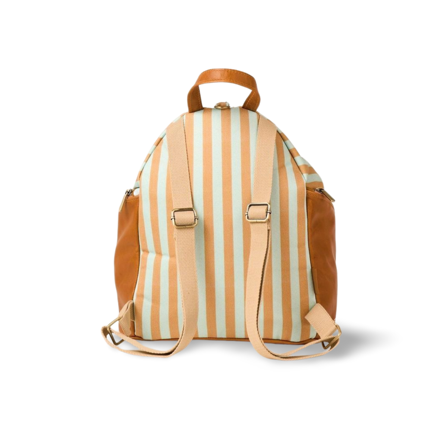 back view of blue and tan striped backpack in canvas and leather