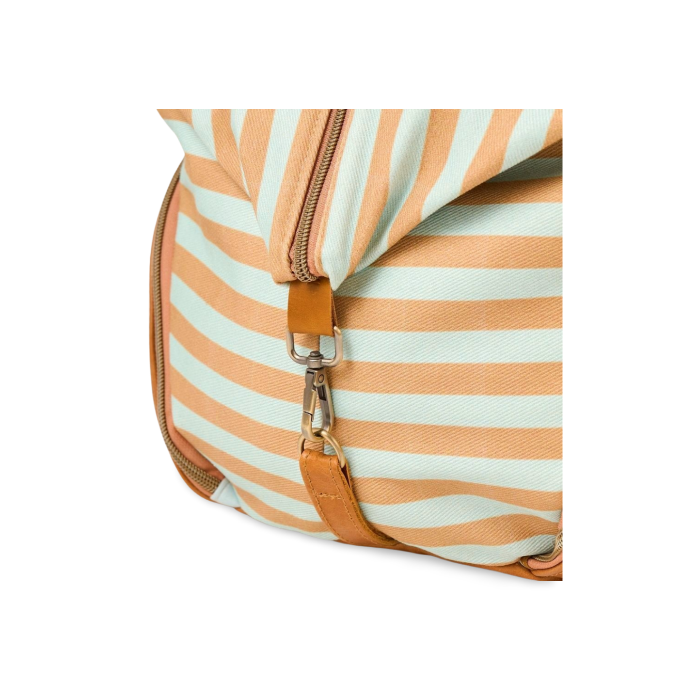 front view of blue and tan striped backpack in canvas and leather