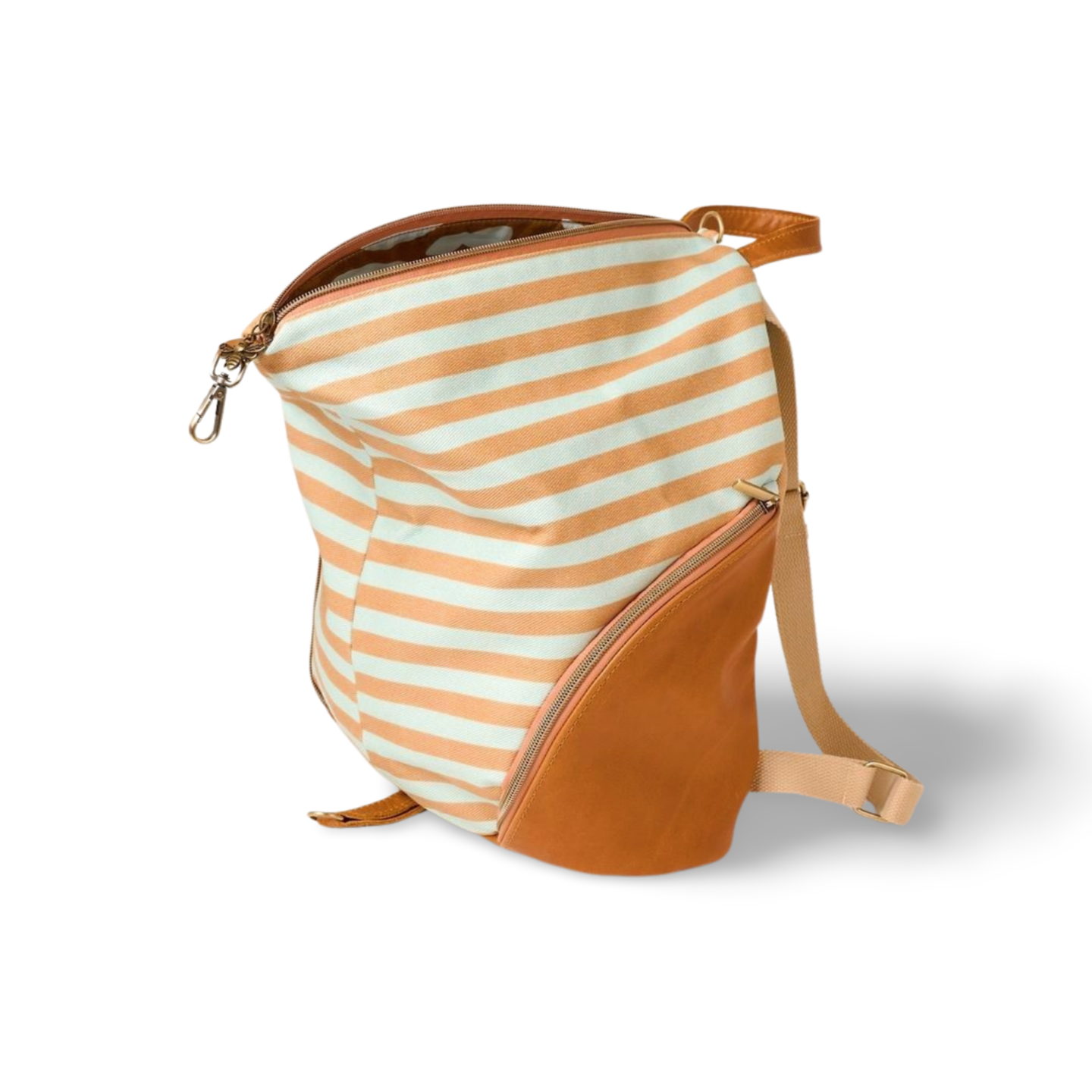 front view of blue and tan striped backpack in canvas and leather