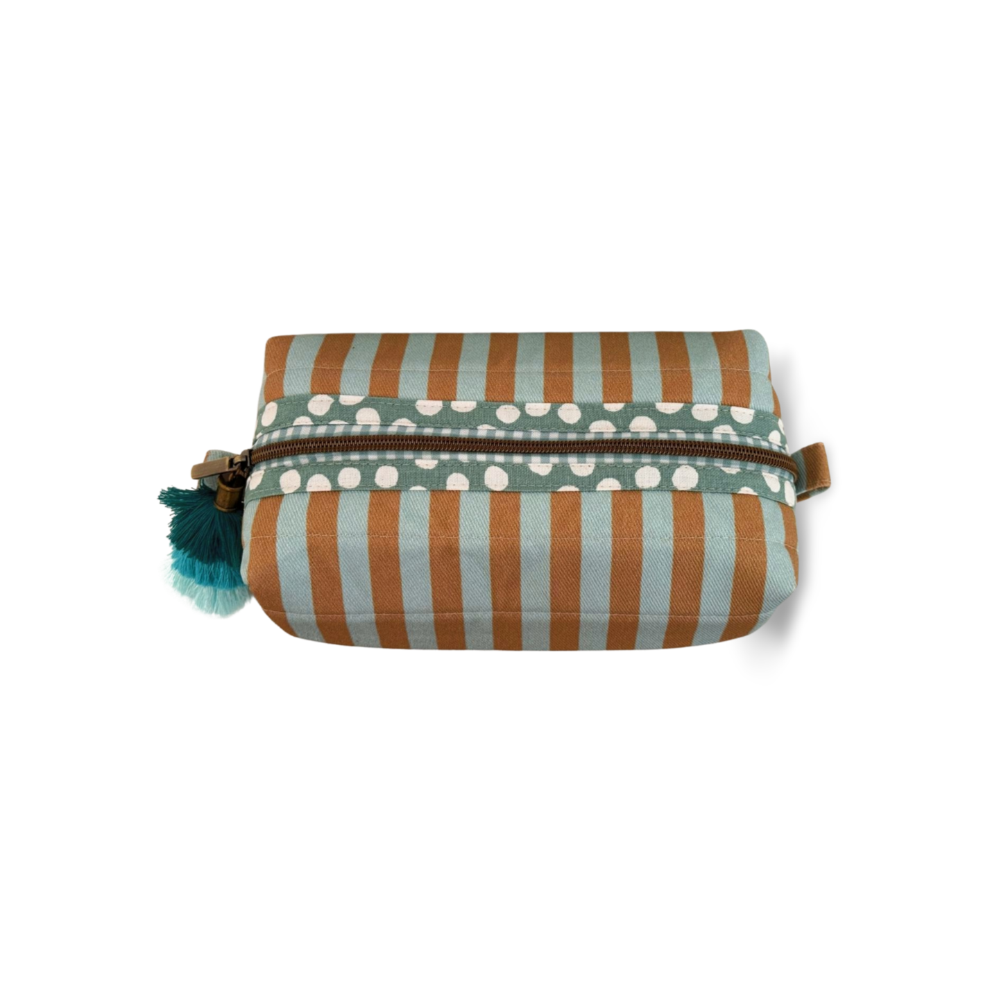 blue and tan striped canvas storage box pouch