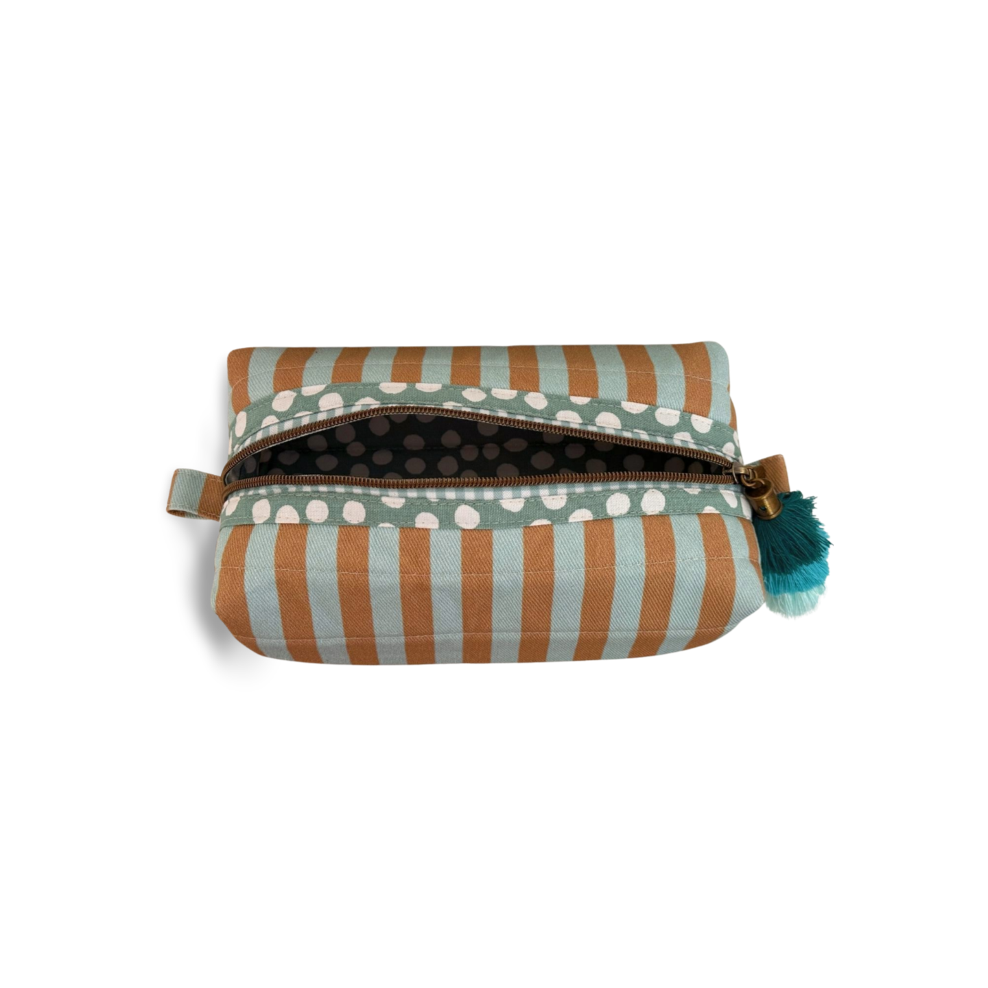 blue and tan striped canvas storage box pouch