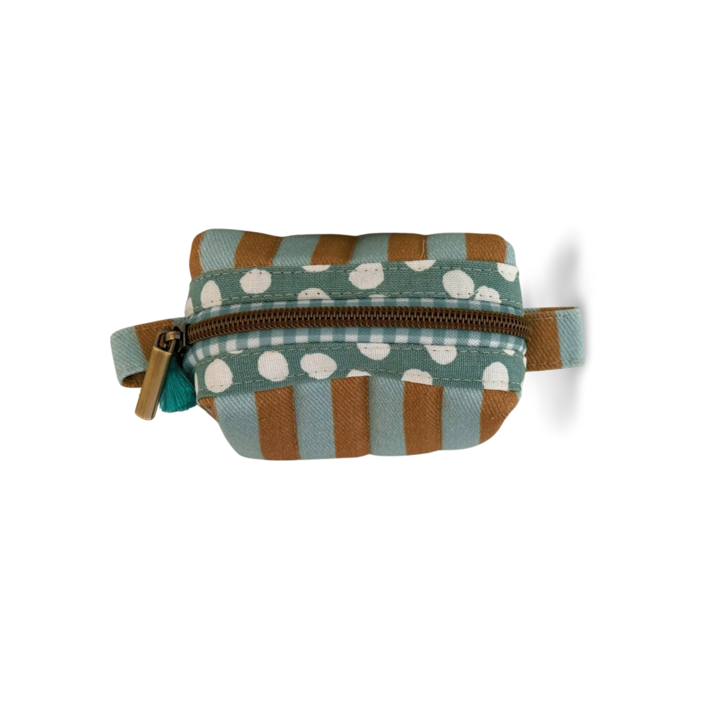 blue and tan striped canvas storage box pouch