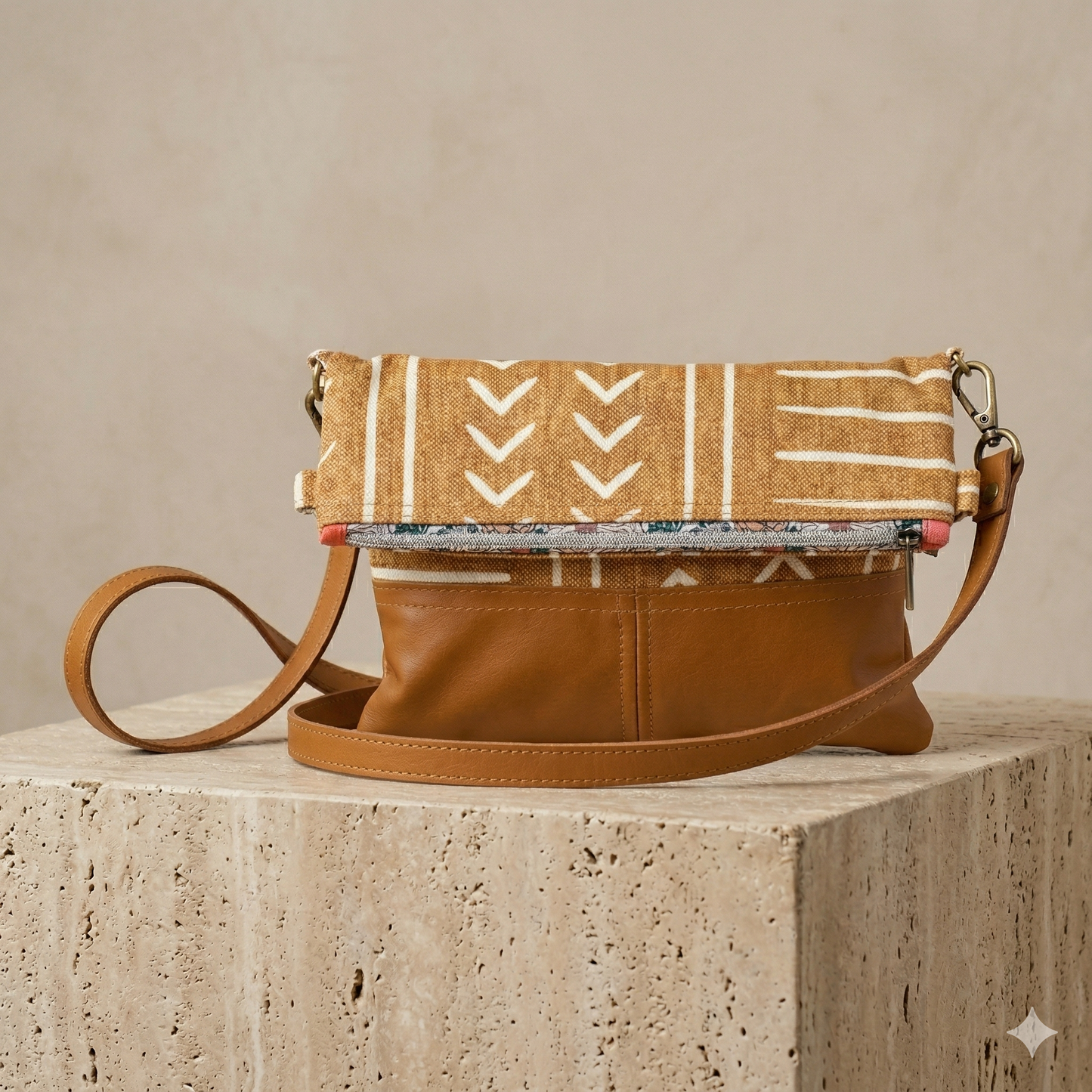 Tan Mudcloth print Fold over Bag