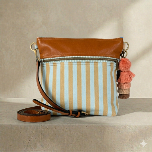 Tan Blue Stripe Bucket Bag