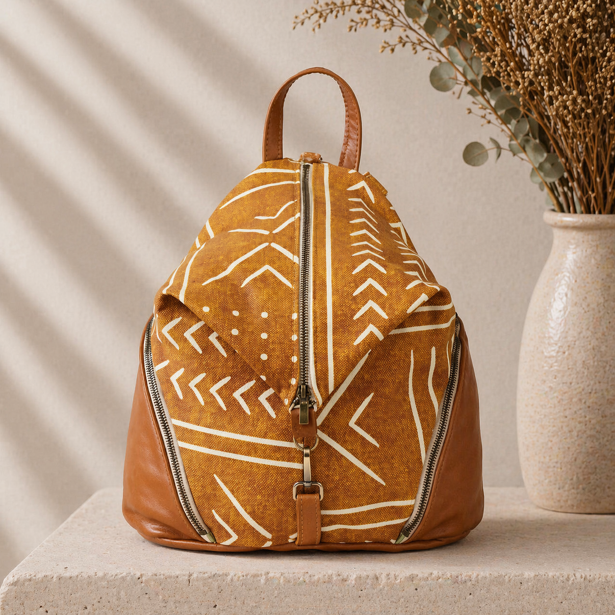 Tan Mudcloth Backpack