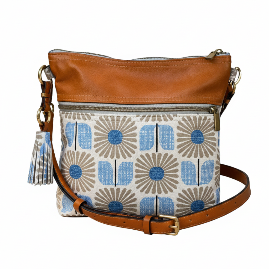 Blue daisy handmade pbucket bag with leather strap by Madbagss
