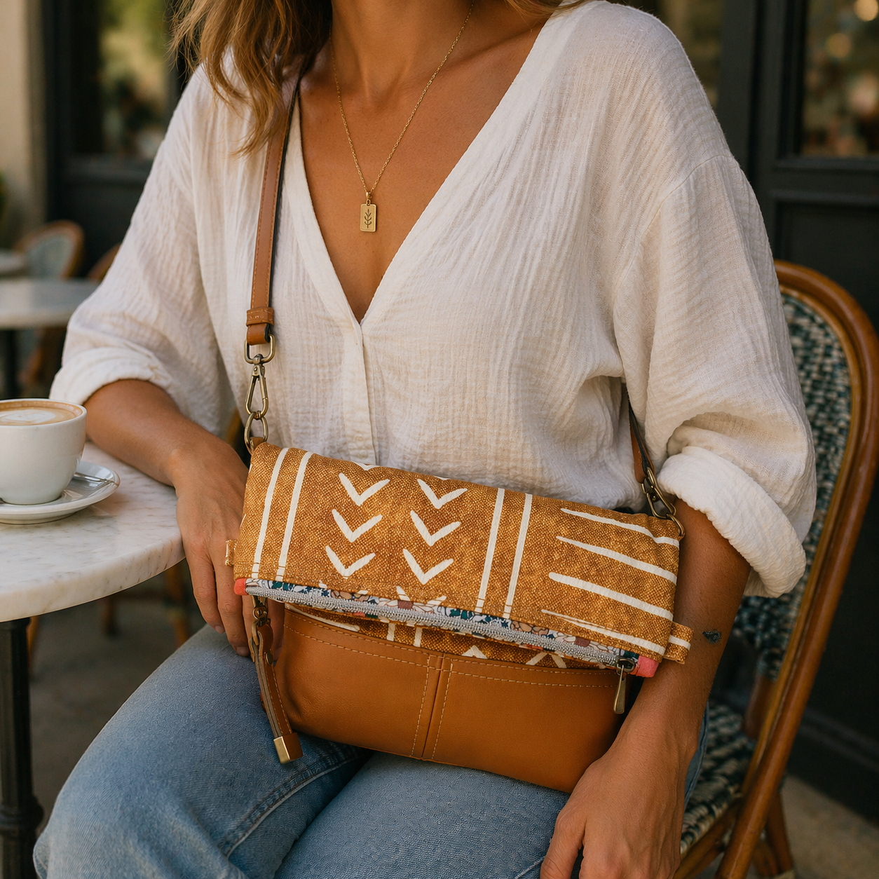 Tan Mudcloth print Fold over Bag
