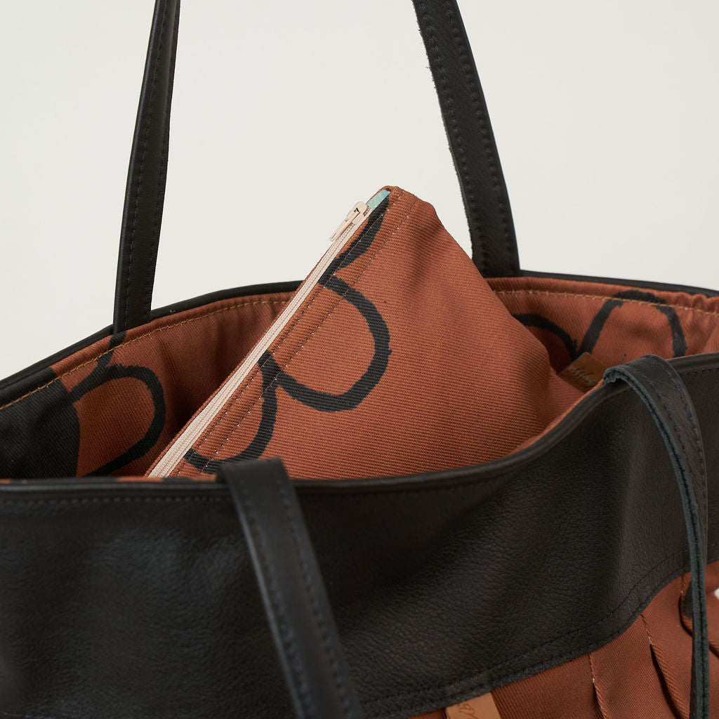 close up of the leather top of a large bag