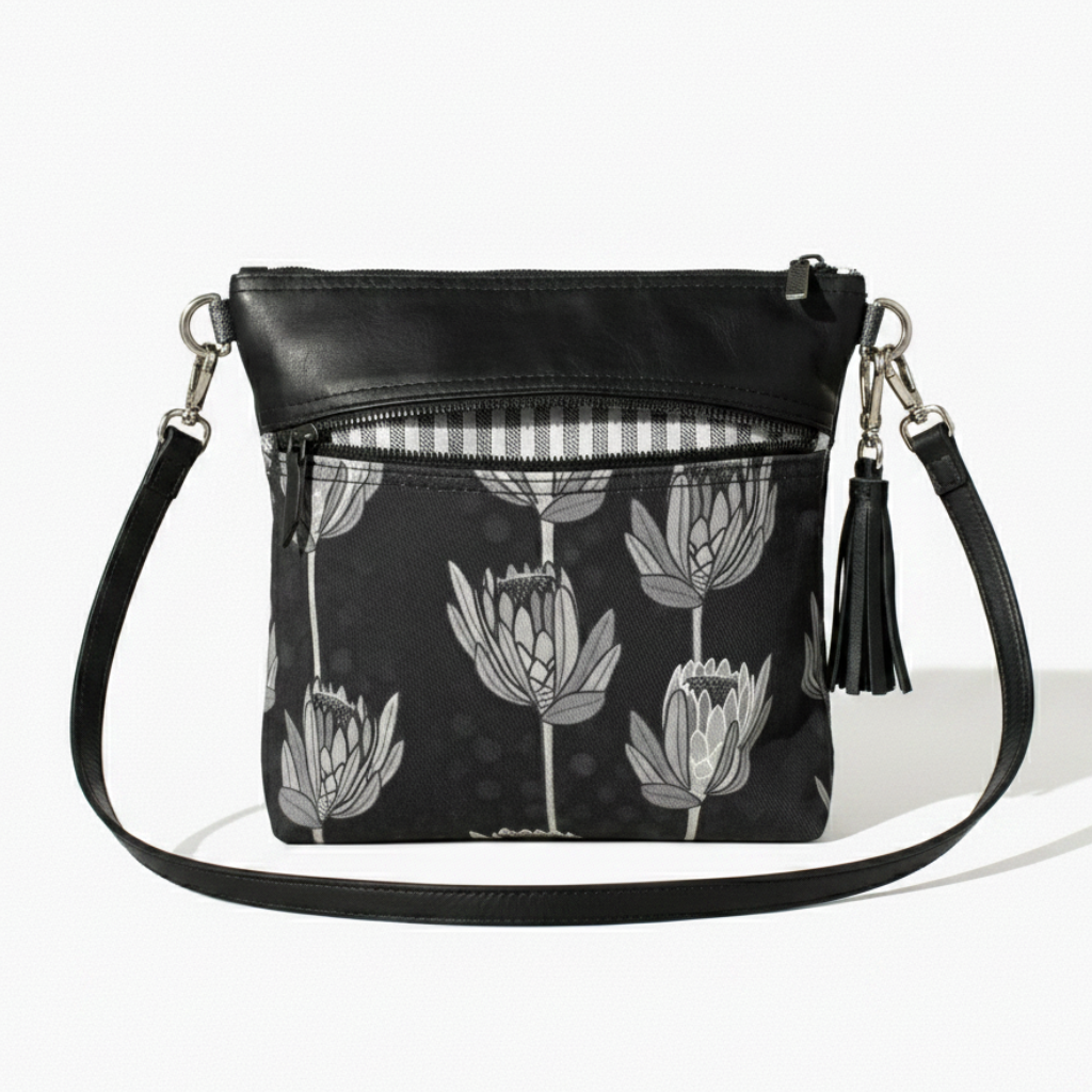Black protea printed bucket bag handmade by madbagss