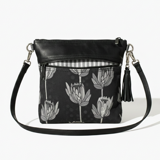 Black protea printed bucket bag handmade by madbagss
