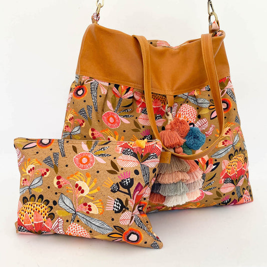 Floral large bag in fabric and leather 