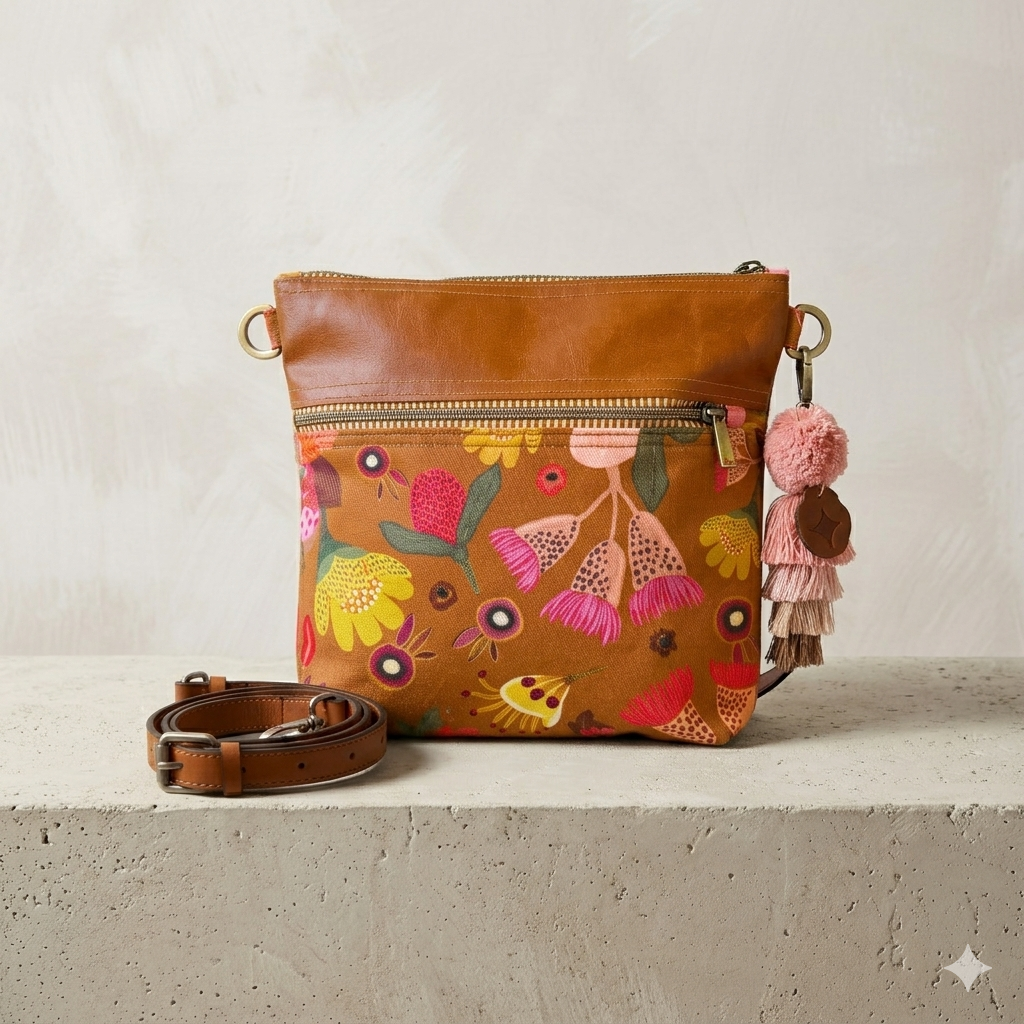 leather and fabric print wildflower bucket bag