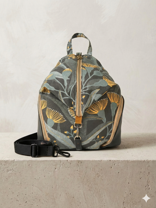 Floral-patterned backpack on a concrete surface with a neutral background
